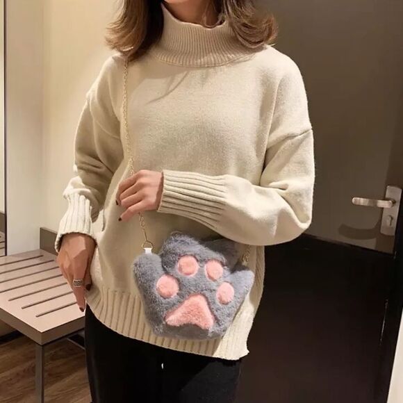 🆕Gray Faux Fur Cat Paw Crossbody Bag Purse - Picture 3 of 6